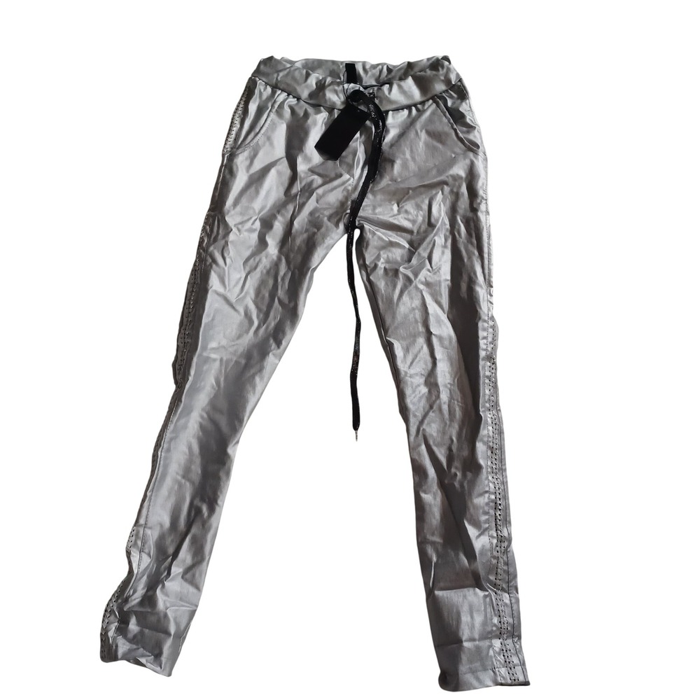 Venti6 Italy Womens Metallic Silver Joggers Pants XS Drawstring Made in Italy